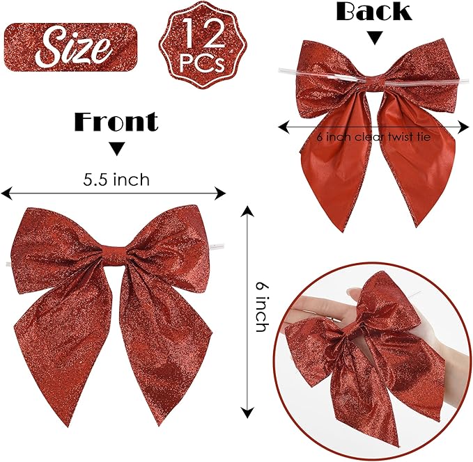AIMUDI Red Glitter Wired Ribbon Bows with Twist Tie 5.5" Premade Metallic Christmas Bows for Gift Wrapping, Wreath, Garland, Holiday Crafts Party Home Outdoor Christmas Tree Decorations, 12 PCs