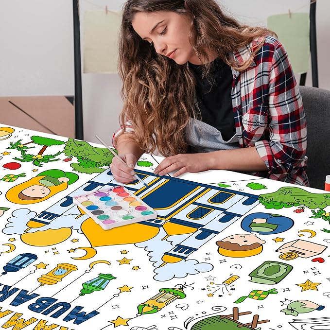 OHOME Ramadan Giant Coloring Poster/Tablecloth-Ramadan Decorations - Jumbo Coloring Banner Kids Eid Crafts Activities Decor Party Decorations