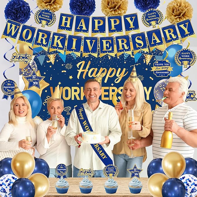 DARUNAXY Happy Workiversary Party Decorations for Men Women, Blue Gold Happy Work Anniversary Banner Cake Topper Hanging Swirl Confetti Balloons Decor Set for Employee Office Party Supplies(31PC)