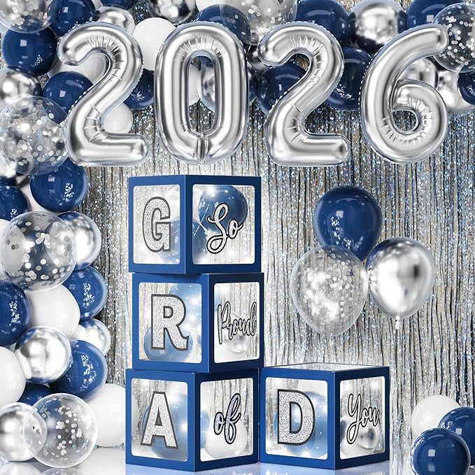 Graduation Party Decoration Class of 2026, 86PCS Blue & Silver Graduation Party Supplies High School College Grad Balloon Boxes with Letter, Foil Curtain, LED String Light, Balloon Garland Kit