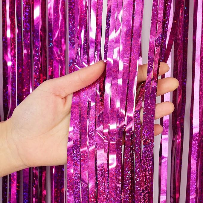 Rose Red Fringe Curtain Backdrop, 2 Pack Tinsel Foil Fringe Curtains Party Decorations Streamers, Xmas Rose Red Metallic Glitter Backdrop for Birthday Wedding Bridal Shower Photo Booth