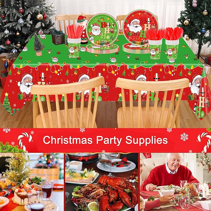 Christmas Party Decorations for 24 Guests – 193 PCS Xmas Party Supplies Set with Plates, Cups, Napkins, Cutlery, Straws & Tablecloth, Festive Tableware Kit for Home Dinner Picnic Holiday