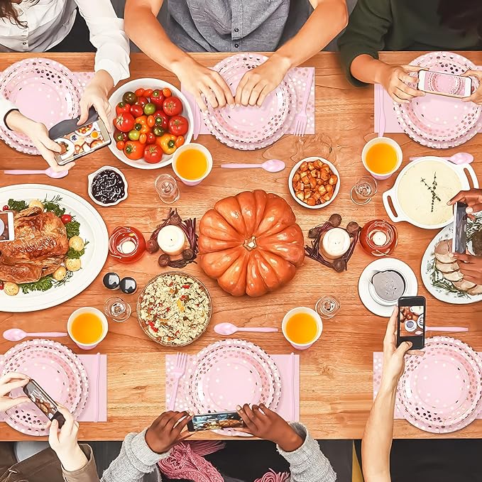 Pink and Rose Gold Dots Plates Set for 24 Guests, 168PCS Disposable Dinnerware,Party Supplies Paper Plates Napkins Cups Pink Cutlery for Birthday Baby Shower Wedding Graduation Retirement Anniversary