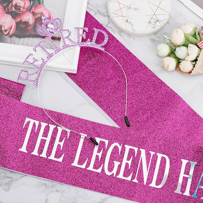 SuPoo Purple Retirement Crown and Sash for Women Retirement Party Decorations Retired Headband Tiara The Legend Has Retired Sash Elegant Rhinestone Headband Retirement Gifts Party Supplies