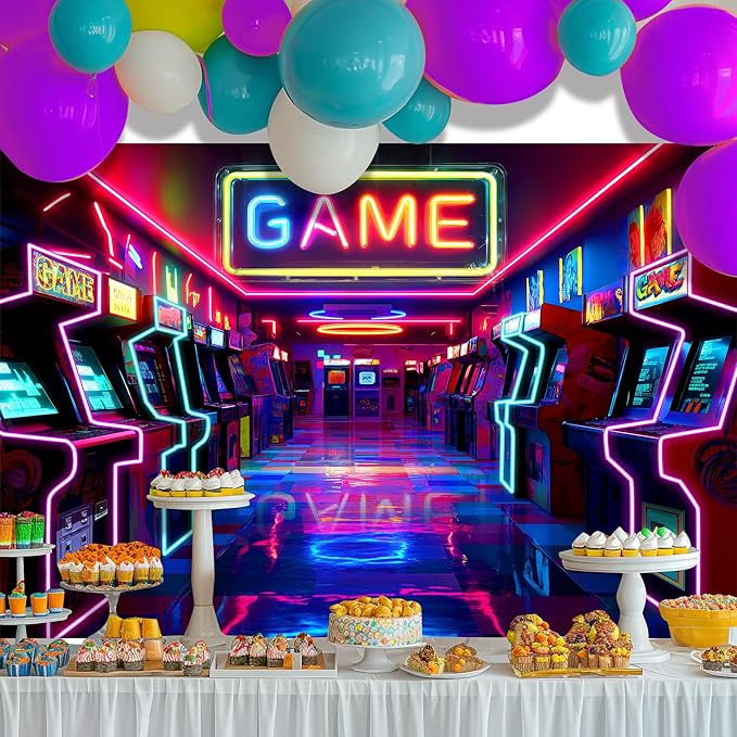 Imirell Arcade Game Neon Backdrop 5Wx3H Feet Colorful Retro Gaming Gamer Themed Modern Video Game Room Playroom Cool Polyester Fabric Boys Photography Backgrounds Photo Shoot Decor Props Decoration