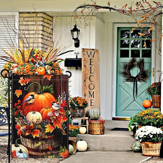 Fall Garden Flag Thanksgiving Halloween Pumpkin Yard Garden Flags for Outside 12×18 Inch Double Sided 3Ply Polyester Small Autumn Welcome Garden Flag Outdoor Decorations