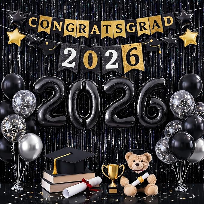 Graduation Decorations 2026 Foil Fringe Curtains- Melsan 3 Pack 3.2 x 8.2 ft Black Tinsel Curtain Photo Backdrop for Birthday Decorations Retirement Party Decorations Black