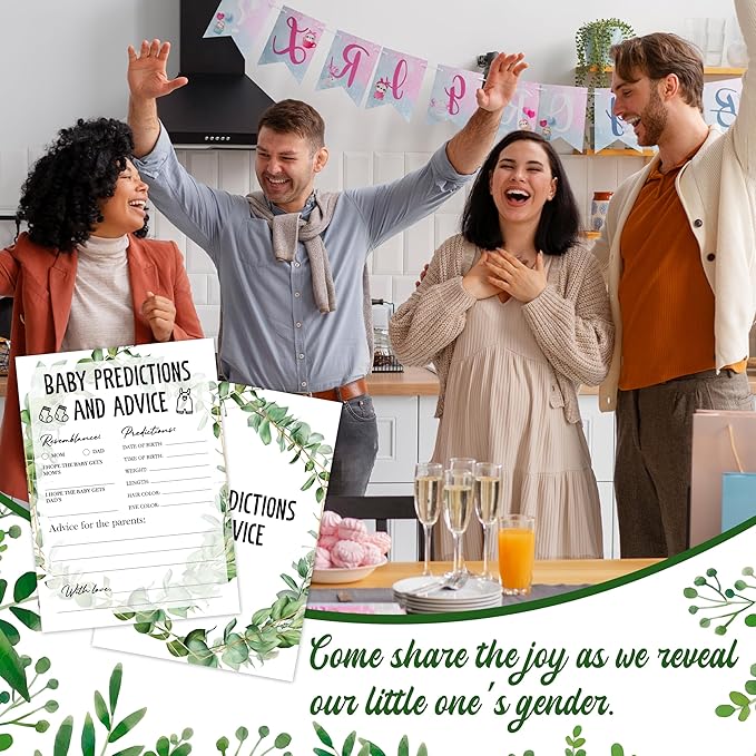 Greenery Eucalyptus Baby Shower Game Cards, Tropical Jungle Gender Reveal Party Supplies, Neutral Design for Boys Girls, 30 Set Gifts for New Parents (Green010)