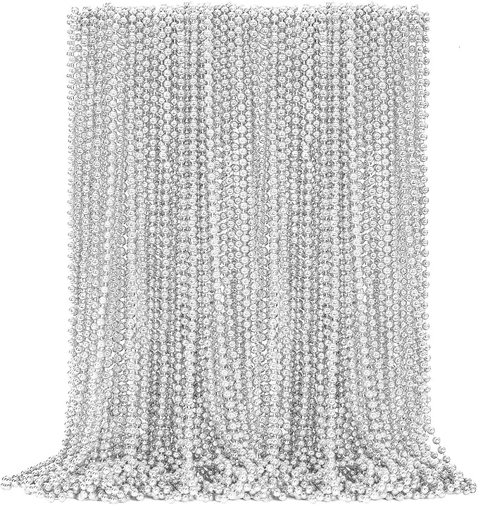 24PCS Christmas Bead Necklace, Silver Xmas Bead Stuff Party Favors, 33" Necklace Women Men Bulk, Festival Events Parade Throw Accessories for Christmas Mardi Gras Wedding Birthday Celebrations Decor