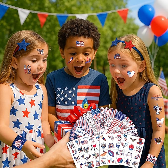 72 PCS Fourth of July Party Favors - 48 Temporary Pre-Cut Tattoos & 24 Slap Bracelets - Party Favors for Boys & Girls, Birthday Goodie Bag Fillers, Baby Shower Gifts, Classroom Rewards