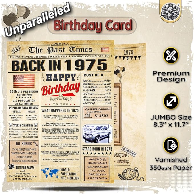 51st Birthday Card for Women Men - Back In 1975 Newspaper - 51 st Happy BIRTHDAY card - 51 birthday gift for Her Him - JUMBO size - 51st birthday decorations Dad Mom - Best gifts for 51 year old