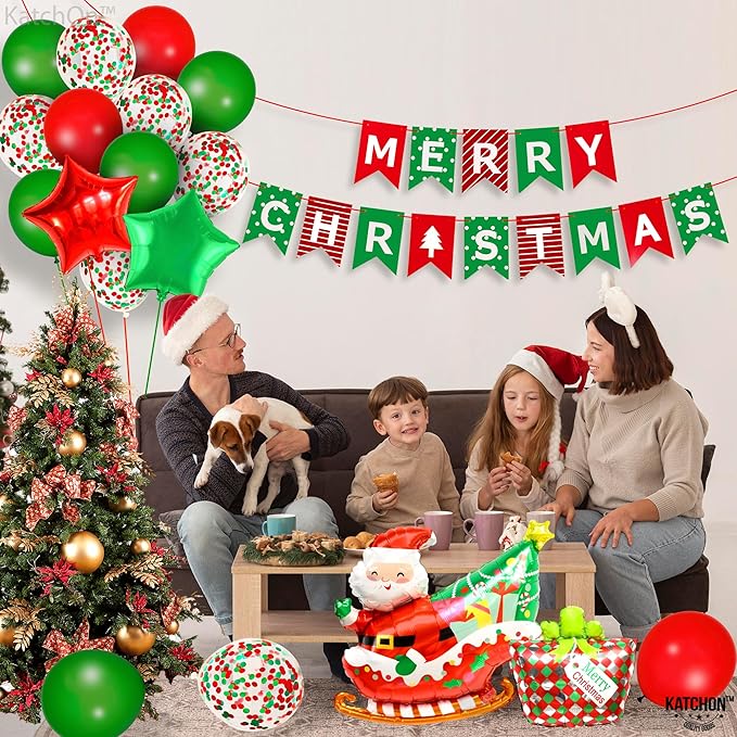 KatchOn, Merry Christmas Decorations Indoor - Huge, Pack of 25 | Merry Christmas Banner, Santa Balloon, Star Balloons for Holiday Decorations | Xmas Balloons for Xmas Decoration
