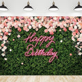 Riyidecor Happy Birthday Backdrop Backdrop Polyester Fabric Pink Rose Neon Flower Wall Green Leaves 5Wx3H Feet for Women Floral Blossom Photography Background Birthday Baby Shower Photo Studio Shoot