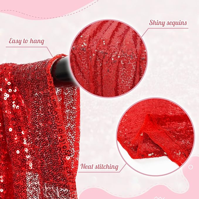 PartyDelight Red Sequin Backdrop 5x10ft 2 Panels - High Density 3mm Shimmer Sequin Background with 4-Inch Rod Pocket, Sparkly Photography Curtain for Wedding, Stage & Event Decor