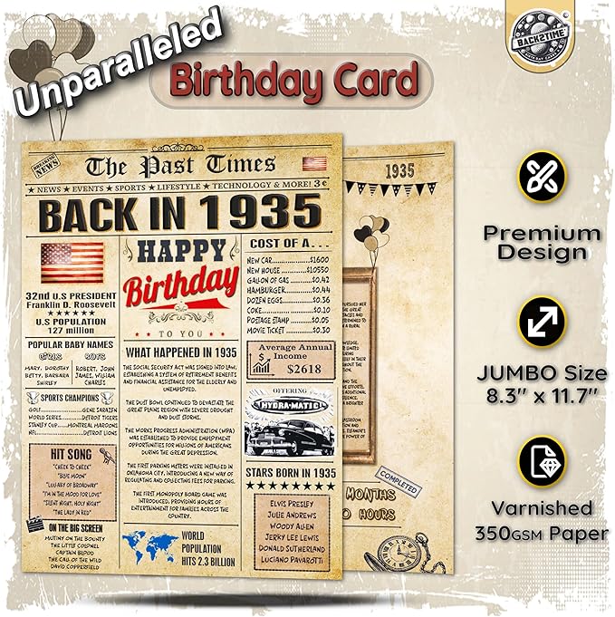 91st Birthday Card for Women Men - Back In 1935 Newspaper - 91 st Happy BIRTHDAY card - 91st birthday gift for Her Him - JUMBO size - 91 st birthday decorations Dad Mom - Best gifts for 91 year old