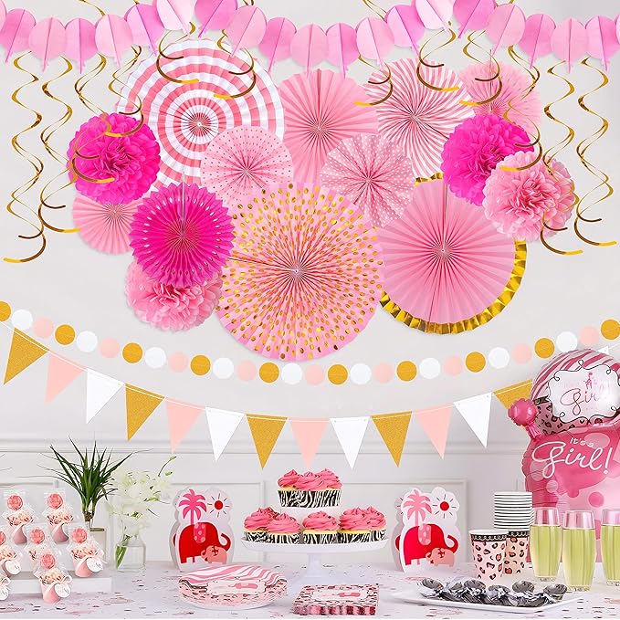 Moon Boat 35PCS Party Decorations Paper Fan Hanging Set - Birthday,Bridal/Baby Shower,Bachelorette,Wedding Decor (Pink)