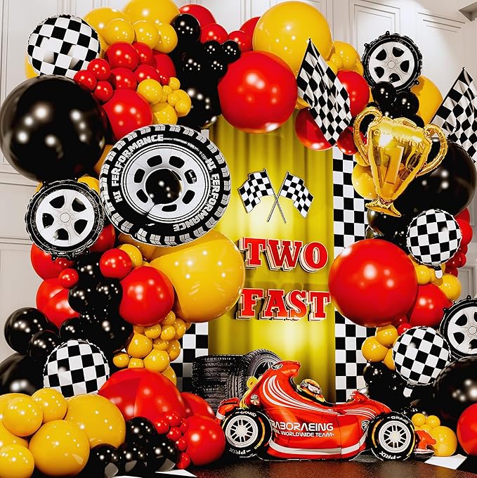 ALL-IN-1 Race Car Balloon Arch Kit & Garland with BONUS Trophy & Number 2 - Race Cars Balloons for Lightning McQueen Race Car Birthday Party Supplies & Boy Cars Theme Birthday Party Decorations