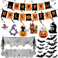 Halloween Decorations Indoor Set - Halloween Festive Decor Happy Halloween Banner Hanging Swirls & Spider Web Table Runner & Mantel Scarf & 3D Bat Sticker for Spooky Haunted House Home Kitchen Decor