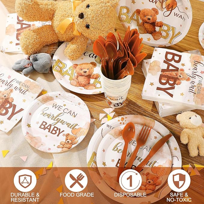 Dandat 350 Pcs Baby Shower Party Supplies Serves 50 Tableware Sets Include Plates Napkin Cup Forks Knives Spoons Disposable Dinnerware(Bear,Brown)