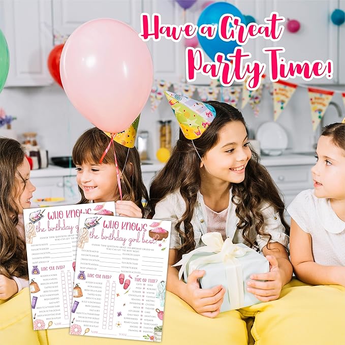 6"X8" Who Knows The Birthday Girl Best - Watercolor Slumber Accessories - Funny Double-Sided 3-in-1 Game Card Set For Girls Birthday Party, Sleepover Party Activities, Favor & Supplies (20Pcs)- A08