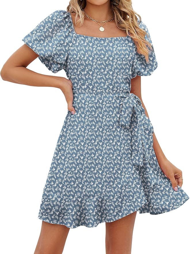 Sampeel Womens Summer Dresses Square Neck Puff Sleeve Tie Waist Short Dress