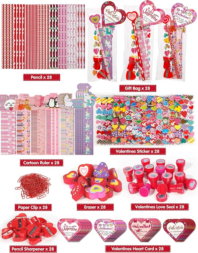 Valentine Gifts for Kids School, 28 Packs Stationery Set from Teachers to Students, Valentines Kids Gift Set Cards with Stickers, Pencils, Erasers, Valentine's Day Classroom Exchange Party Favor Toy
