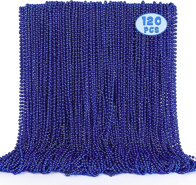 120PCS Blue Beads, 4th of July Beaded Necklaces Stuff, 33" Mardi Gras Blue Necklace Costume Bulk, Parade Throw Party Accessories for Fourth of July Wedding Birthday Events Supplies Decorations