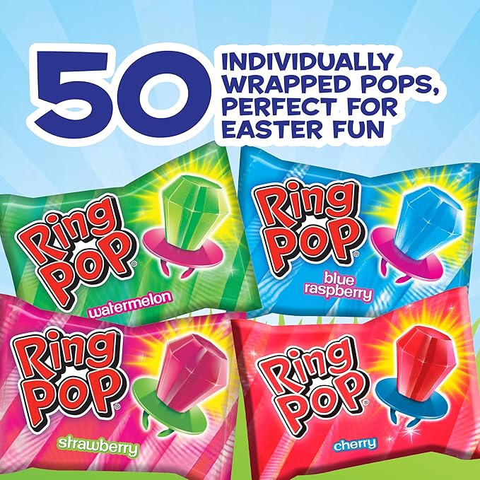Ring Pop Candy, Easter Lollipops, 50 Ct Party Favors in Assorted Fruity Flavors - Full Size, Fun Hard Candy For Birthday Parties, Party Favors, Easter Basket Stuffers, Egg Fillers, Gifts for Kids