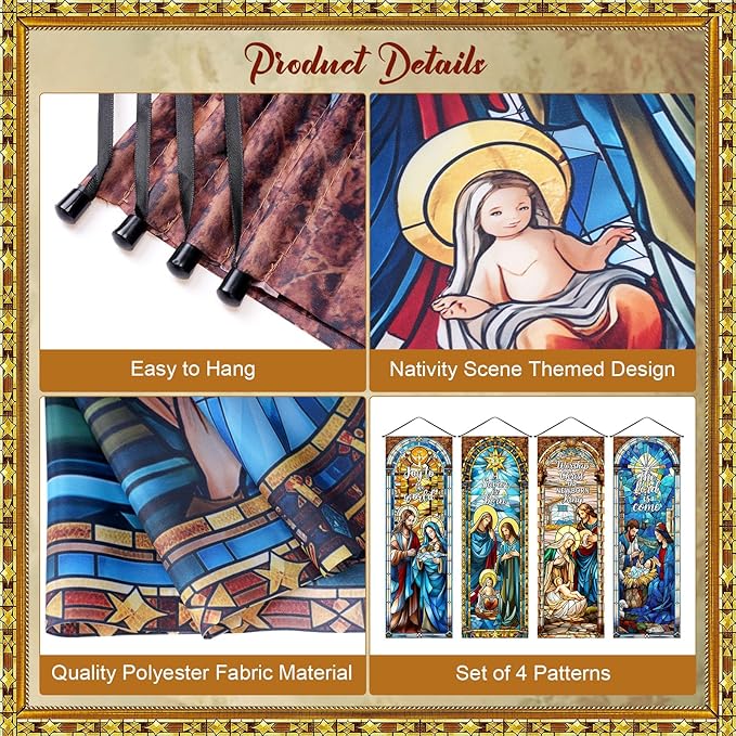 Panelee 4 Pcs Nativity Scene Banner Religious Christmas Backdrop Holy Nativity Stained Glass Style Wall Decorations Jesus Porch Sign for Xmas Indoor Outdoor Church Wall Hanging Decor
