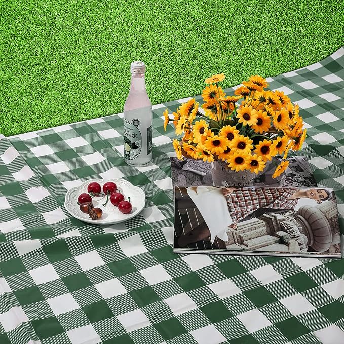 Kesfey 12 Packs Green and White Checkered Tablecloths Party Picnic Disposable Table Covers 54 × 108 Inches Splashproof Plastic Checkered Gingham Tablecover for Outdoor Dinners Party Retro Celebrations