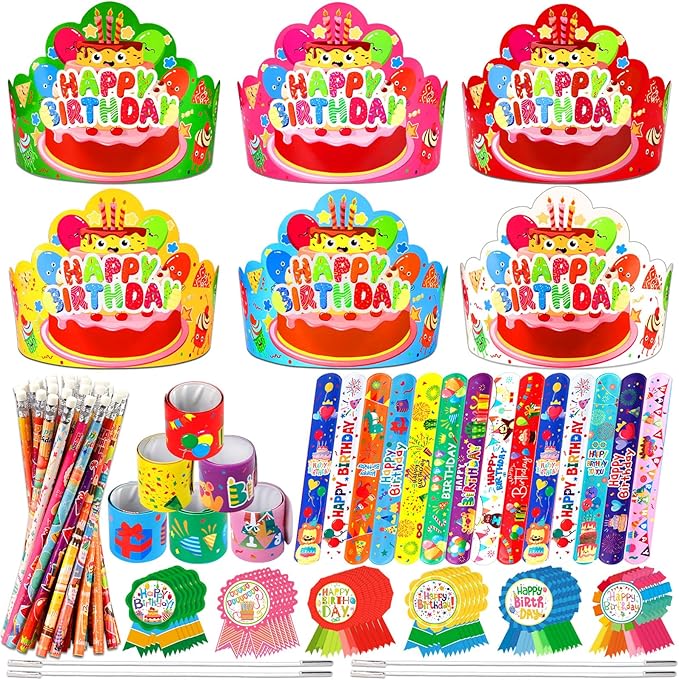 144 PCS Birthday Crowns for Kids Classroom Include 36 Colorful Birthday Paper Hats with Elastic Band 36 Badge Stickers 36 Slap Bracelets and 36 pencils for Classroom School Party Supplies