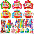 144 PCS Birthday Crowns for Kids Classroom Include 36 Colorful Birthday Paper Hats with Elastic Band 36 Badge Stickers 36 Slap Bracelets and 36 pencils for Classroom School Party Supplies