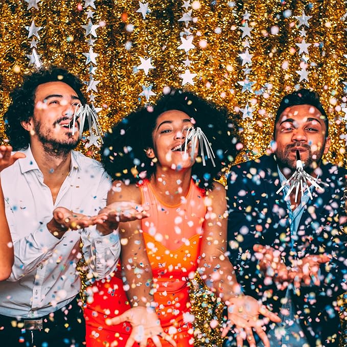 50Pcs New Years Noise Makers, New Years Eve Party Supplies, Silver Party Blowers Horns Metallic Fringed Happy New Year Party Favors for Eve Family Gathering Sporting Events