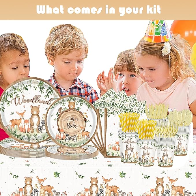 193 Pcs Woodland Baby Shower Party Supplies for 24 Guests - Jungle Animal Theme Decorations with Plates, Cups, Napkins, Cutlery, Straws, and Tablecloth - Disposable Safari Baby Shower Party Set