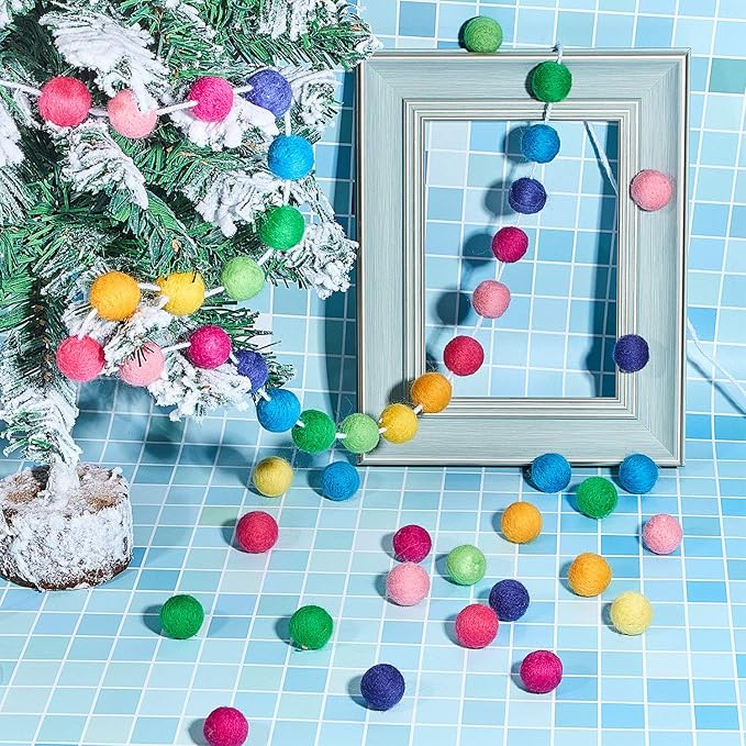 Boao 2 Pieces Wool Felt Ball Garland Colorful Pom Pom Garland Handmade 6.5 Feet Long 24 Balls Felt Banner for Wall Christmas Tree Decoration (Rainbow)