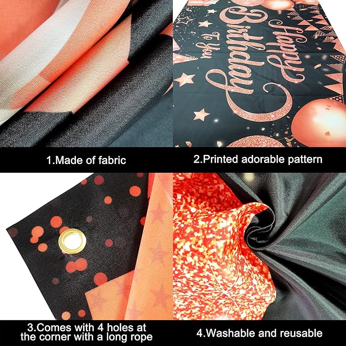 KatchOn, XtraLarge Rose Gold Happy Birthday Banner - 72x44 Inch | Black and Rose Gold Happy Birthday Decorations for Women | Rose Gold Party Decorations, Bday Backdrop for Girls