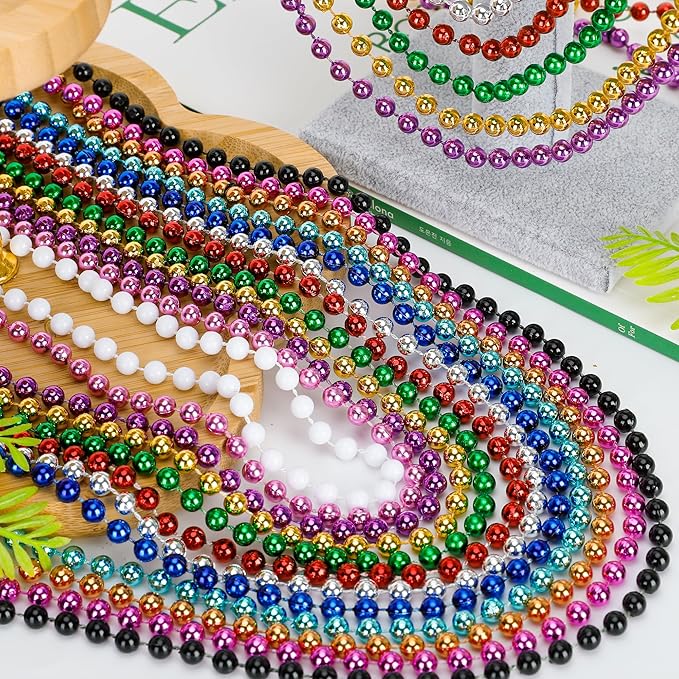 120PCS Mardi Gras Beads, Metallic 12 kinds Bead Necklace Party Favors, 33" Mardi Gras Necklace Bulk Accessories Stuff, Festival Parade Throw for Wedding Birthday Mardi Gras Celebrations Decorations