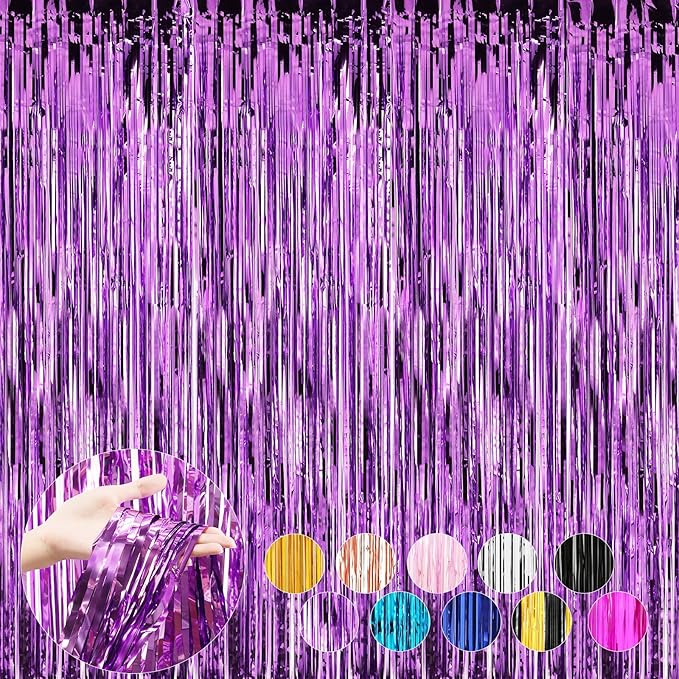 4 Pack Purple Foil Fringe Curtains Door Streamers Party Decorations 3.3 x 8.2 ft, Tinsel Curtain Fringe Backdrop for Parties, Door Fringe Birthday Streamers, Photo Booth Backdrops, Party Decor