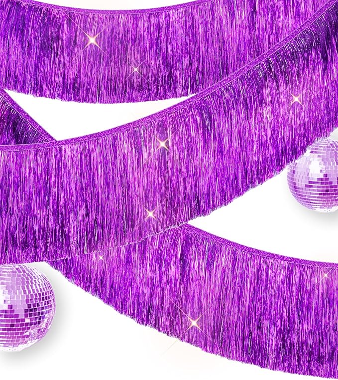 2 Pack Delicate Purple Fringe Streamer Banner for Party Decoration, Premium Thick Metallic Foil Tinsel Tassel Garland for Birthday Wedding Christmas Holiday Home Hanging Decor