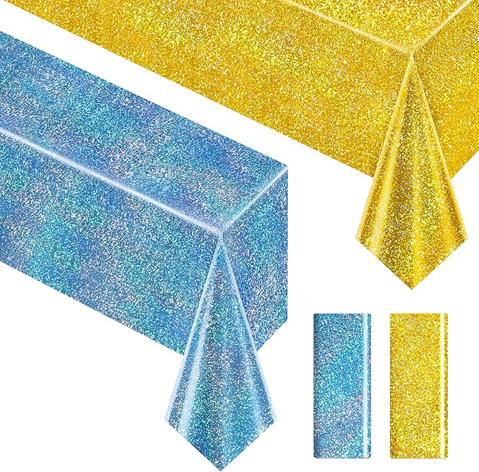 Sparkling Holographic Laser Tablecloth - Shimmering, Waterproof, Easy to Clean - Ideal for Bachelorette, Birthday, Wedding, and Anniversary Party Decorations (Light Blue & Gold, 2)