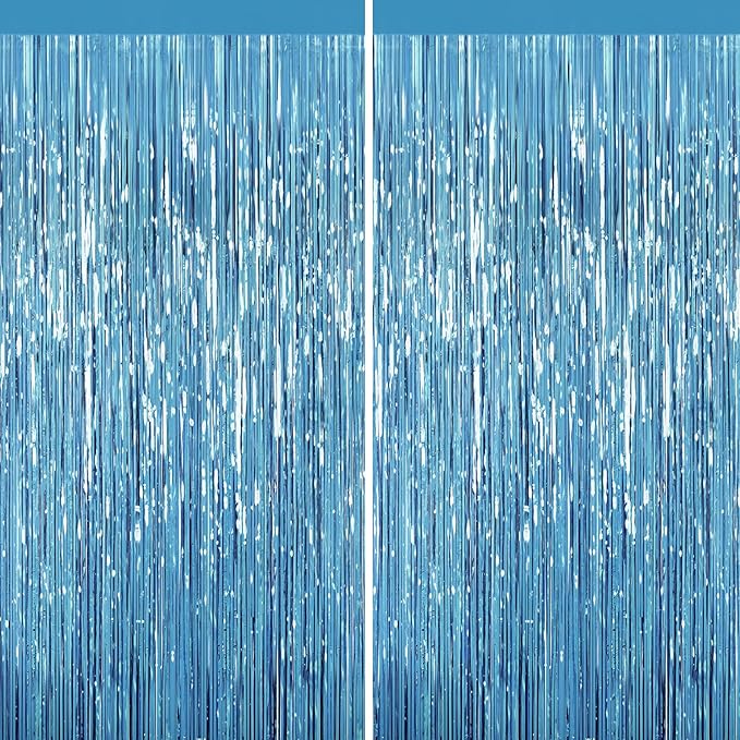 2 Pack Light Blue Foil Fringe Curtains, 3.3ft x 6.6ft Streamer Foil Curtain, Tinsel Backdrop for Birthday Party, Christmas Decor, Wedding Engagement Baby Shower Bachelorette Party Decorations