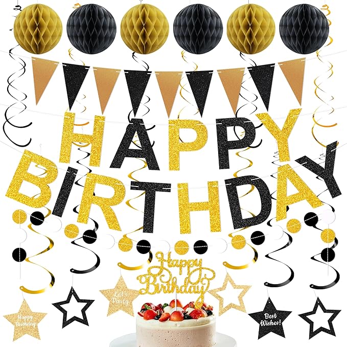 Birthday Decoratioans Pre-Strung Happy Birthday Banner for Women Men Boys Girls Black Gold Birthday Banners with Pennant Honeycomb Balls Cake Topper Stars Hanging Swirl Streamers Circle Dots Garland