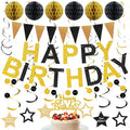 Birthday Decoratioans Pre-Strung Happy Birthday Banner for Women Men Boys Girls Black Gold Birthday Banners with Pennant Honeycomb Balls Cake Topper Stars Hanging Swirl Streamers Circle Dots Garland