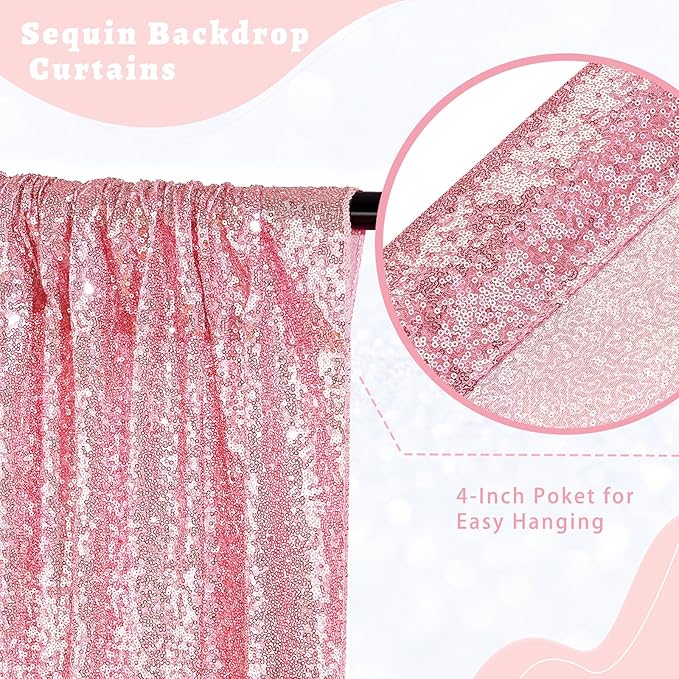 B-COOL Sequin Backdrop Curtain Fuchsia Pink Backdrop Drapes 4 Panels 2ftx8ft Pink Glitter Backdrop for Photo Ceremony Sweetheart Grils Party Decoration