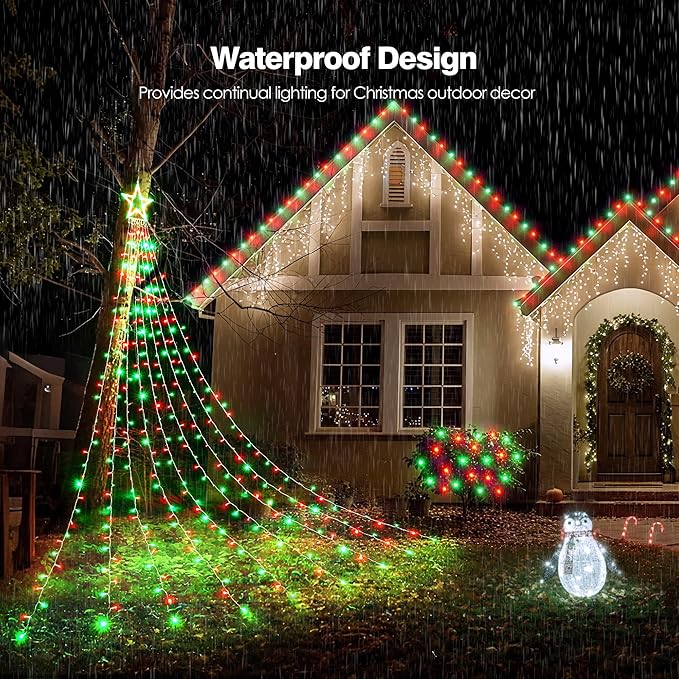 BlcTec Outdoor Christmas Decorations 317 LEDs Christmas Lights with 9 Strands 11.9ft Waterfall Christmas Tree Lights, 8 Modes, Waterproof, Topper Star & Timer for Yard Patio Xmas Décor, Red Green