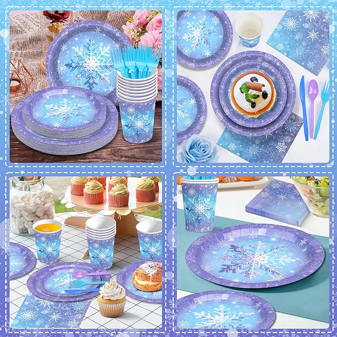 175Pcs Snowflake Paper Plates and Napkins Set - Blue Purple Christmas Themed Paper Plates, Cups, Napkins Cutlery for Winter Wonderland Holiday Decorations Birthday Wedding Party Supplies for 25 Guests