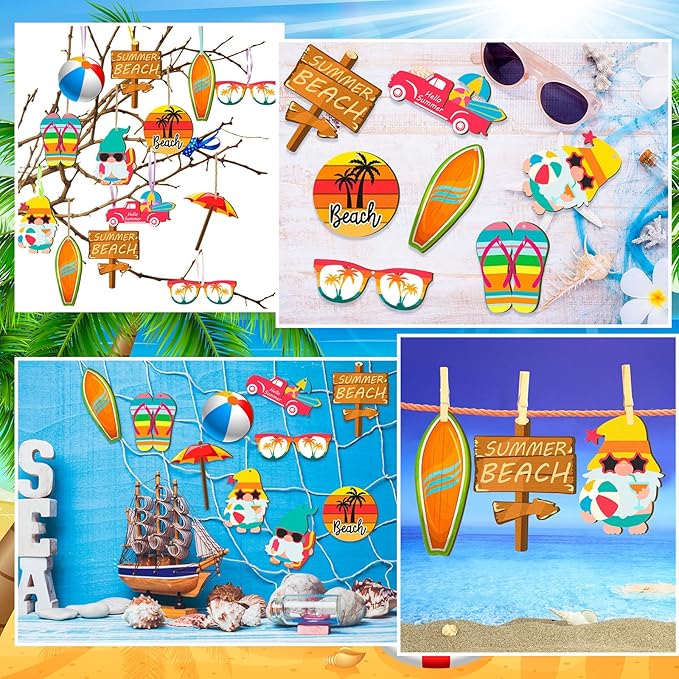 Chunful 30 Pieces Summer Tree Ornaments Christmas in July Wood Hanging Decoration Beach Wooden Slices Winter Tree Ornaments with String for Luau Hawaiian Party Supplies (Beach Style)