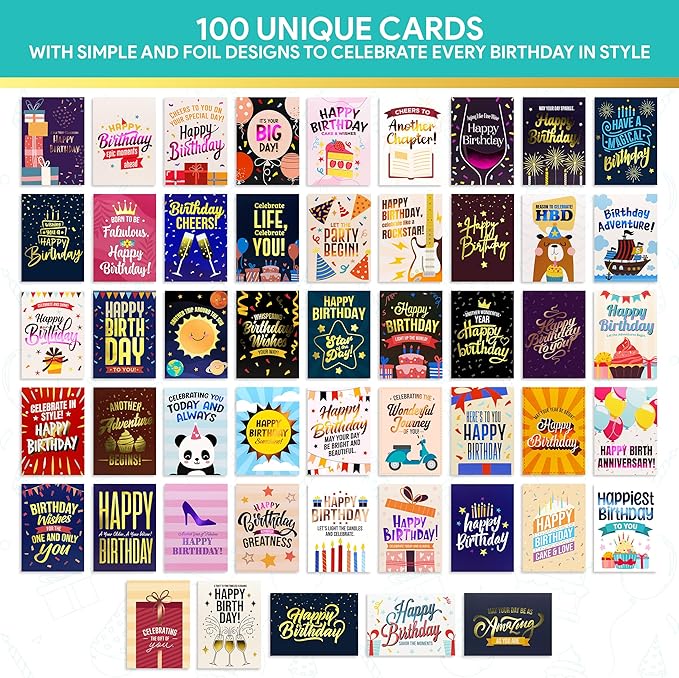 Decorably 100 Pack Foiled 5x7in Assorted Happy Birthday Cards Bulk with Envelopes and Stickers, 100 Folded Unique Designs for Friends, Family & Loved Ones, Printed Message Inside - Gifting, Mailing