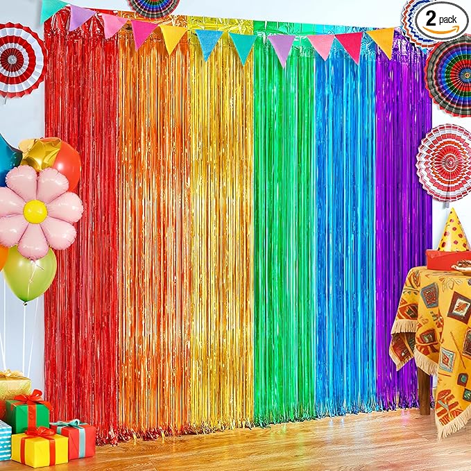 2Pack Rainbow Backdrop Curtains for Wedding Birthday, 3.3x8.2ft Fiesta Party Decorations Foil Fringe Curtains Backdrops, Rainbow Party Supplies for Halloween Metallic Tinsel Backdrop Party Streamers