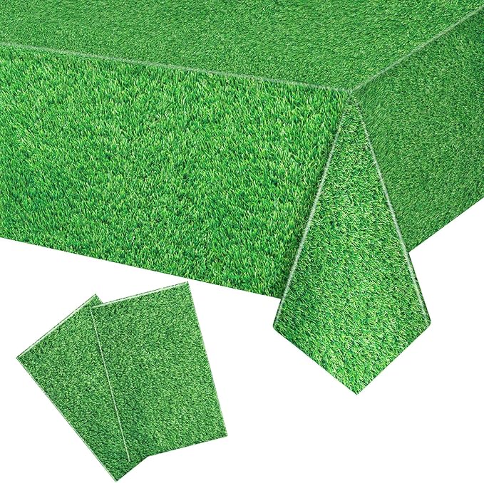 2 Pack Green Grass Tablecloth Golf Table Cloth 54 x 108 Inch Disposable Plastic Grass Tablecloth for Golf Birthday Party Games Decoration Outdoor Picnics Dining Rectangle Table Cover